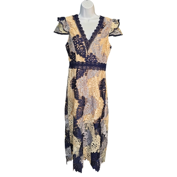 Adelyn Rae Palm Crochet Lace Blue V-Neck Flutter Sleeve Midi Size Dress Size S - Picture 2 of 15